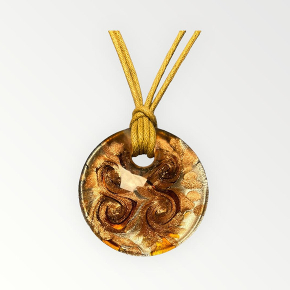 Art Glass 1.5" Pendant Brown Gold Swirl Sparkle Jewelry Necklace 18" - Picture 3 of 7